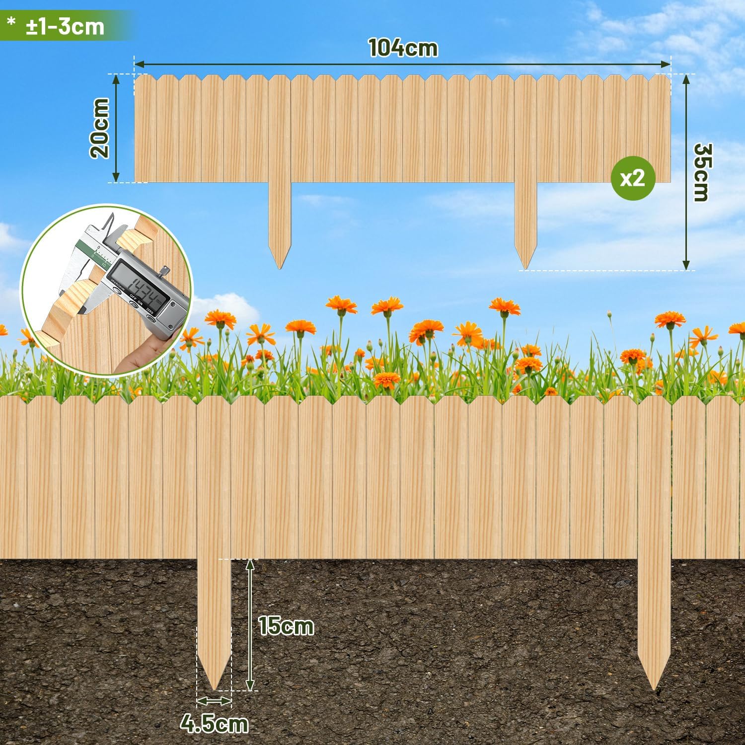 Blumenbeetumrandung aus Holz, 10 x 200 cm – flexible Holzumrandung für Gärten, Blumenbeete und Rasenflächen, als Rasenkante zum Umbiegen, als Steckzaun für Blumenbeete, naturfarben, in den Höhen 10 cm, 20 cm, 30 cm und 40 cm erhältlich