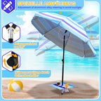 Strandschirm, Durchmesser 213 cm, Sonnenschutzfaktor UV50+, mit Tisch, Haken und Tragetasche, Neigungswinkel und Höhe verstellbar, windfest, langlebig, lichtbeständig, blaue Streifen