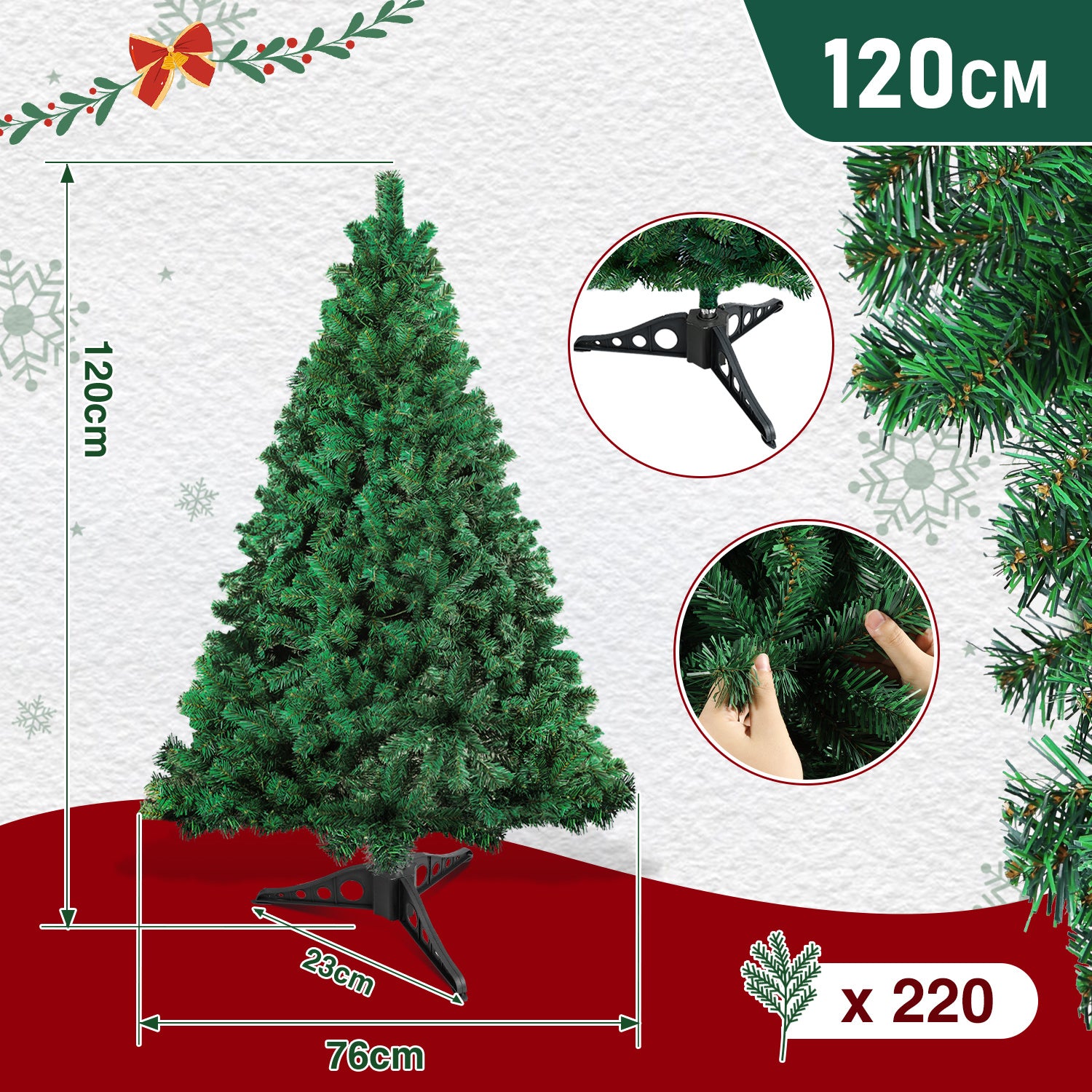 120–210 cm großer künstlicher Weihnachtsbaum aus Kunststoff, künstlicher Weihnachtsbaum, mit 16 cm langen Zweigen, schnell aufzubauen, zusammenklappbar, flammhemmend, inklusive Ständer aus Kunststoff/Metall, weiß/grün