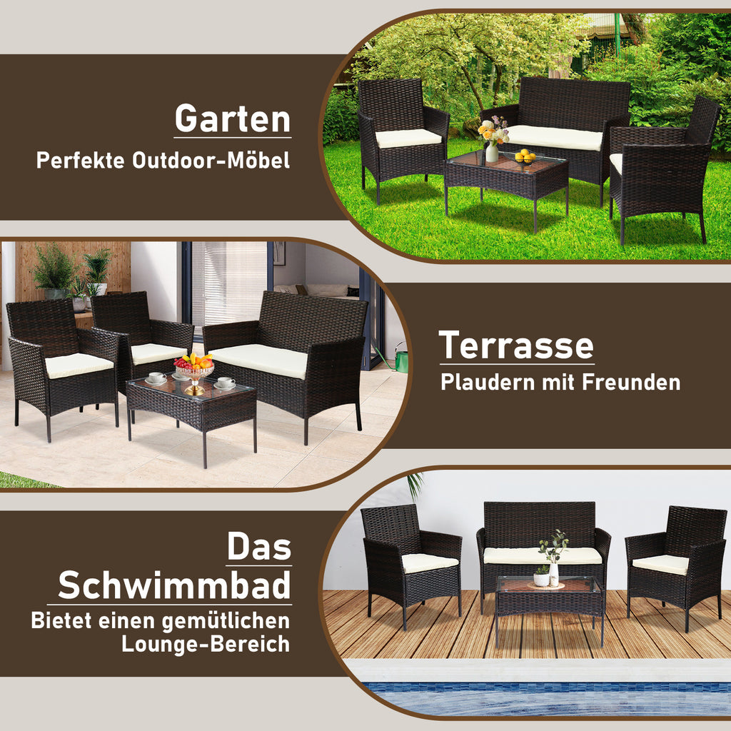 4-teiliges Gartenmöbel-Set aus Kunstrattan, Balkonmöbel-Set mit Glastisch, bestehend aus 2 Sesseln und 1 Zweisitzer-Bank, ausgestattet mit 5 cm dicken Sitzkissen, geeignet für Balkon, Terrasse und Garten (erhältlich in Schwarz und Braun)