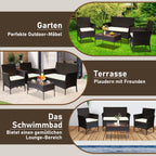 4-teiliges Gartenmöbel-Set aus Kunstrattan, Balkonmöbel-Set mit Glastisch, bestehend aus 2 Sesseln und 1 Zweisitzer-Bank, ausgestattet mit 5 cm dicken Sitzkissen, geeignet für Balkon, Terrasse und Garten (erhältlich in Schwarz und Braun)