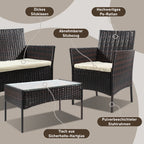 4-teiliges Gartenmöbel-Set aus Kunstrattan, Balkonmöbel-Set mit Glastisch, bestehend aus 2 Sesseln und 1 Zweisitzer-Bank, ausgestattet mit 5 cm dicken Sitzkissen, geeignet für Balkon, Terrasse und Garten (erhältlich in Schwarz und Braun)