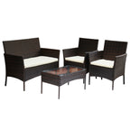 4-teiliges Gartenmöbel-Set aus Kunstrattan, Balkonmöbel-Set mit Glastisch, bestehend aus 2 Sesseln und 1 Zweisitzer-Bank, ausgestattet mit 5 cm dicken Sitzkissen, geeignet für Balkon, Terrasse und Garten (erhältlich in Schwarz und Braun)