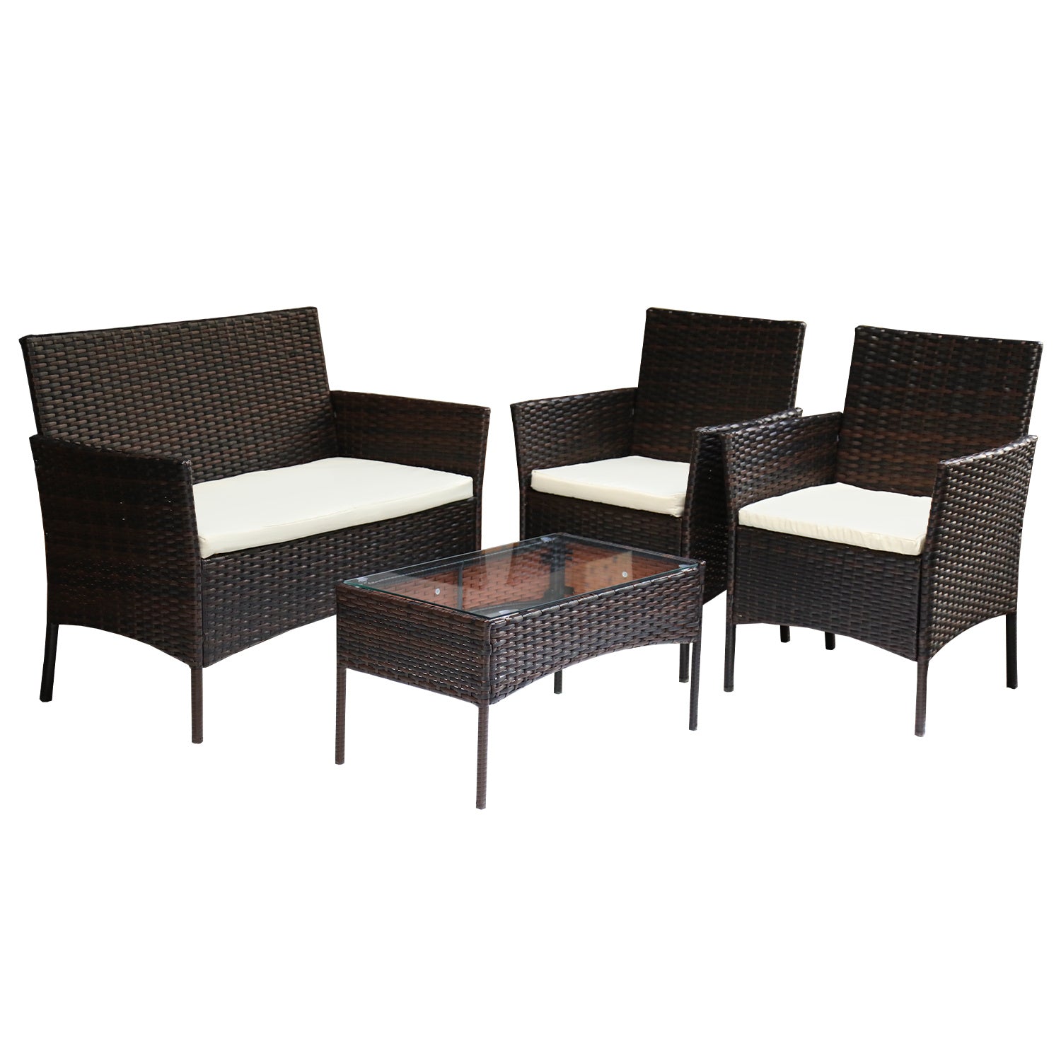 4-teiliges Gartenmöbel-Set aus Kunstrattan, Balkonmöbel-Set mit Glastisch, bestehend aus 2 Sesseln und 1 Zweisitzer-Bank, ausgestattet mit 5 cm dicken Sitzkissen, geeignet für Balkon, Terrasse und Garten (erhältlich in Schwarz und Braun)