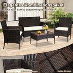 4-teiliges Gartenmöbel-Set aus Kunstrattan, Balkonmöbel-Set mit Glastisch, bestehend aus 2 Sesseln und 1 Zweisitzer-Bank, ausgestattet mit 5 cm dicken Sitzkissen, geeignet für Balkon, Terrasse und Garten (erhältlich in Schwarz und Braun)