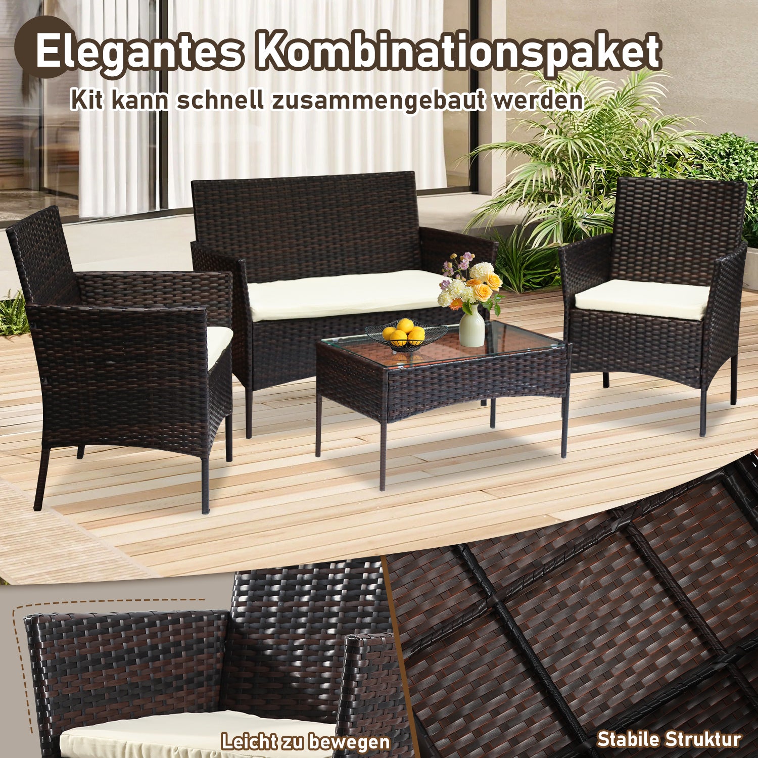 4-teiliges Gartenmöbel-Set aus Kunstrattan, Balkonmöbel-Set mit Glastisch, bestehend aus 2 Sesseln und 1 Zweisitzer-Bank, ausgestattet mit 5 cm dicken Sitzkissen, geeignet für Balkon, Terrasse und Garten (erhältlich in Schwarz und Braun)