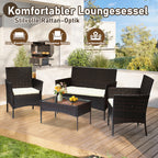 4-teiliges Gartenmöbel-Set aus Kunstrattan, Balkonmöbel-Set mit Glastisch, bestehend aus 2 Sesseln und 1 Zweisitzer-Bank, ausgestattet mit 5 cm dicken Sitzkissen, geeignet für Balkon, Terrasse und Garten (erhältlich in Schwarz und Braun)