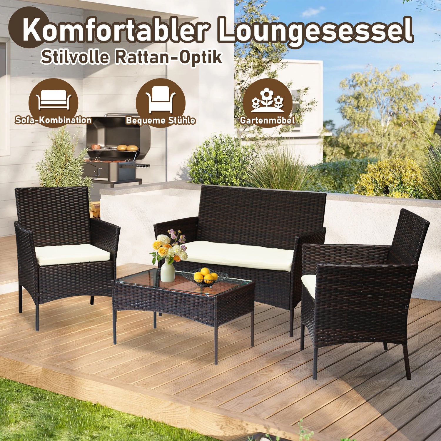 4-teiliges Gartenmöbel-Set aus Kunstrattan, Balkonmöbel-Set mit Glastisch, bestehend aus 2 Sesseln und 1 Zweisitzer-Bank, ausgestattet mit 5 cm dicken Sitzkissen, geeignet für Balkon, Terrasse und Garten (erhältlich in Schwarz und Braun)