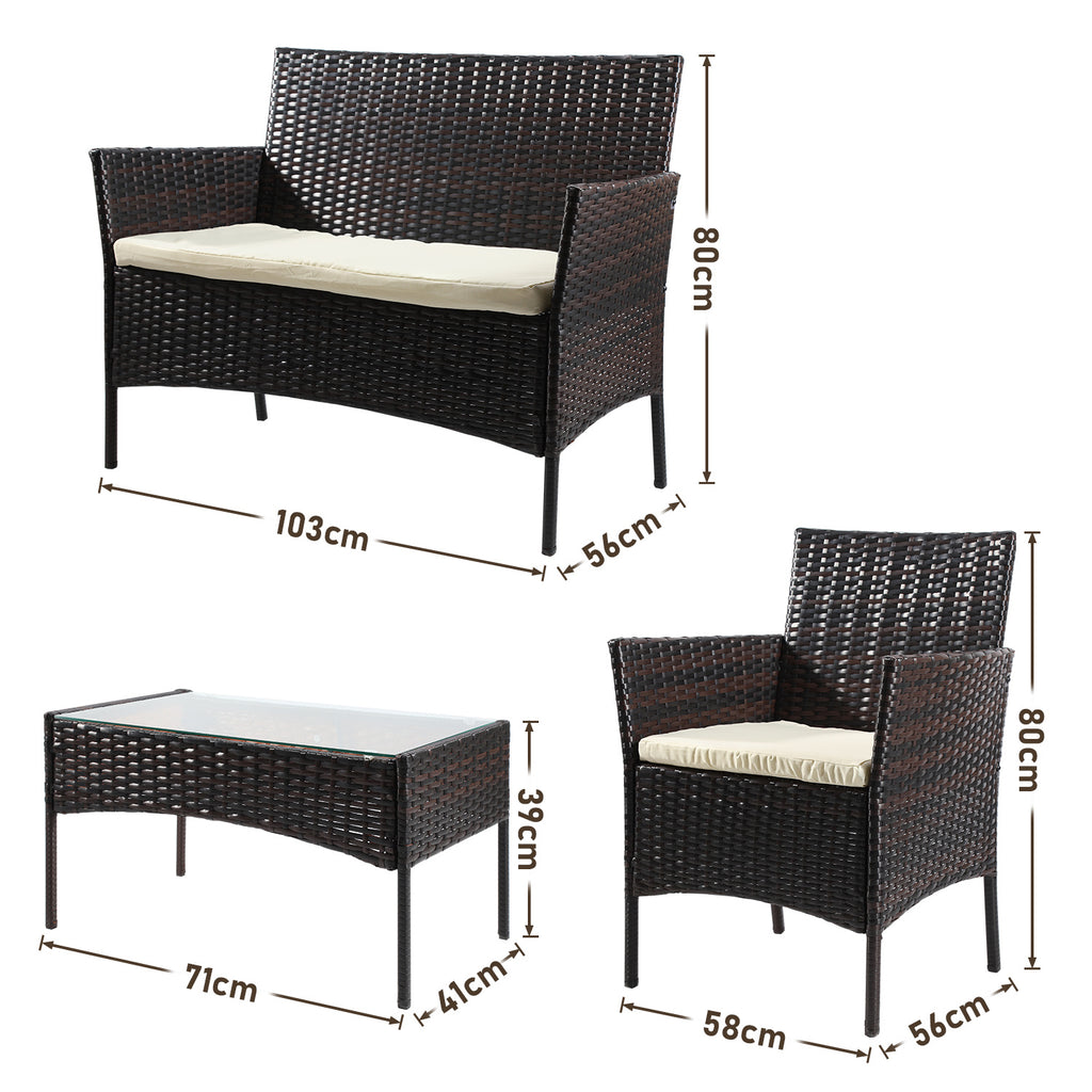 4-teiliges Gartenmöbel-Set aus Kunstrattan, Balkonmöbel-Set mit Glastisch, bestehend aus 2 Sesseln und 1 Zweisitzer-Bank, ausgestattet mit 5 cm dicken Sitzkissen, geeignet für Balkon, Terrasse und Garten (erhältlich in Schwarz und Braun)