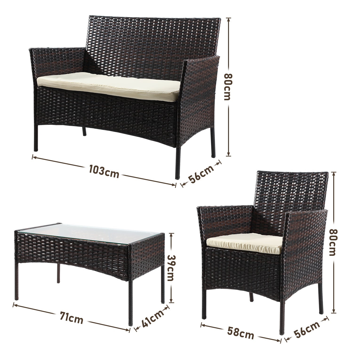 4-teiliges Gartenmöbel-Set aus Kunstrattan, Balkonmöbel-Set mit Glastisch, bestehend aus 2 Sesseln und 1 Zweisitzer-Bank, ausgestattet mit 5 cm dicken Sitzkissen, geeignet für Balkon, Terrasse und Garten (erhältlich in Schwarz und Braun)