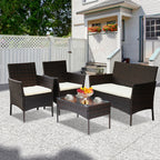 4-teiliges Gartenmöbel-Set aus Kunstrattan, Balkonmöbel-Set mit Glastisch, bestehend aus 2 Sesseln und 1 Zweisitzer-Bank, ausgestattet mit 5 cm dicken Sitzkissen, geeignet für Balkon, Terrasse und Garten (erhältlich in Schwarz und Braun)