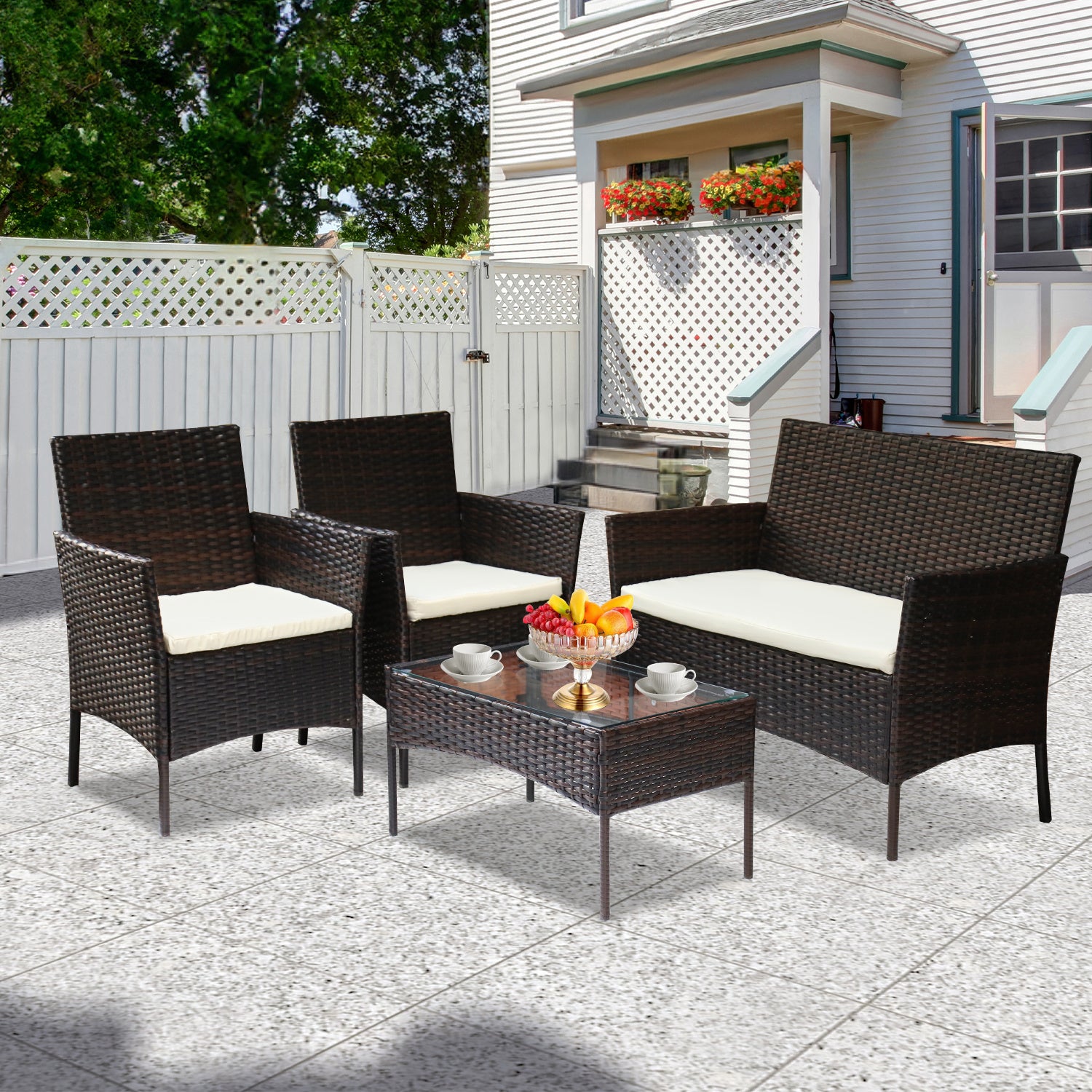 4-teiliges Gartenmöbel-Set aus Kunstrattan, Balkonmöbel-Set mit Glastisch, bestehend aus 2 Sesseln und 1 Zweisitzer-Bank, ausgestattet mit 5 cm dicken Sitzkissen, geeignet für Balkon, Terrasse und Garten (erhältlich in Schwarz und Braun)