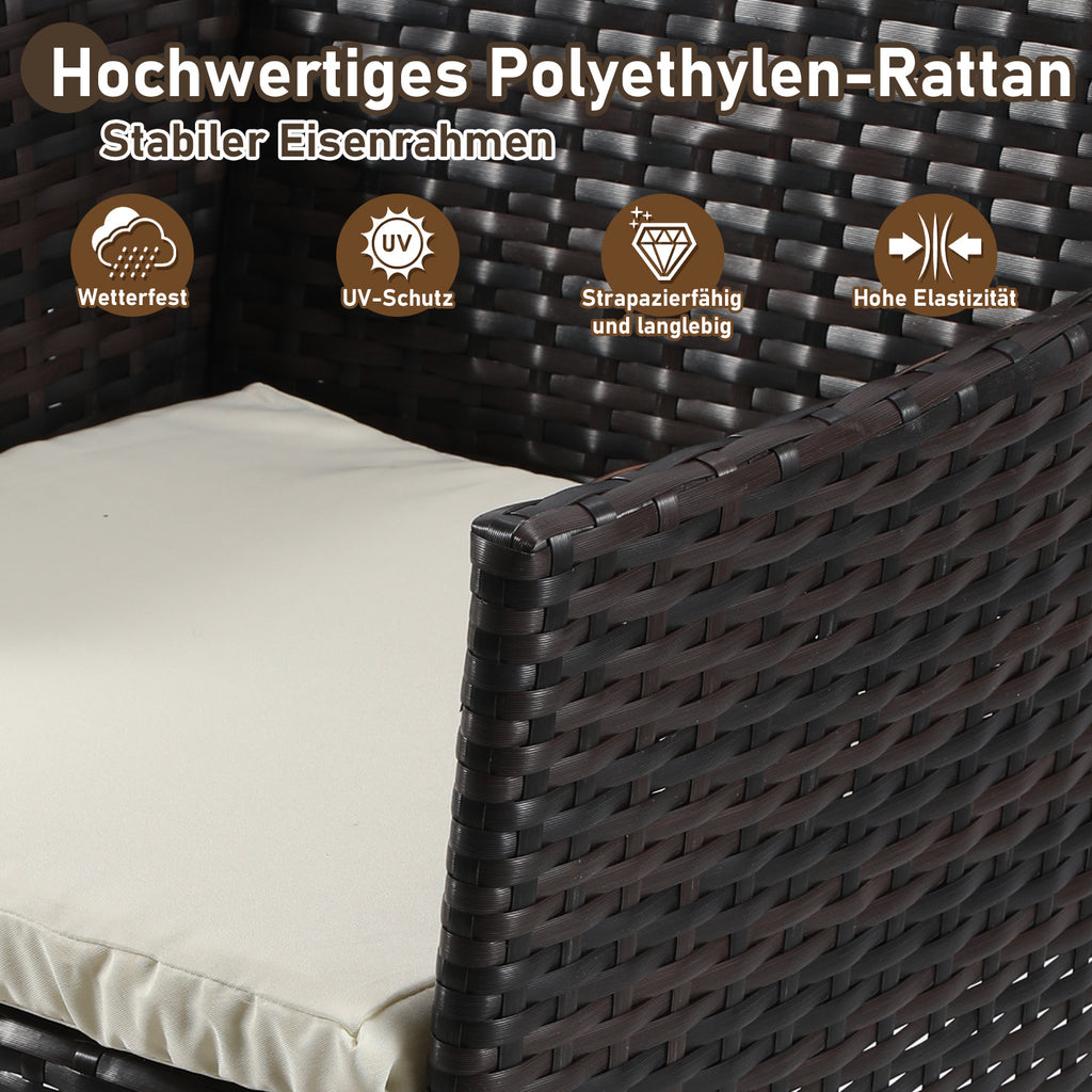 4-teiliges Gartenmöbel-Set aus Kunstrattan, Balkonmöbel-Set mit Glastisch, bestehend aus 2 Sesseln und 1 Zweisitzer-Bank, ausgestattet mit 5 cm dicken Sitzkissen, geeignet für Balkon, Terrasse und Garten (erhältlich in Schwarz und Braun)