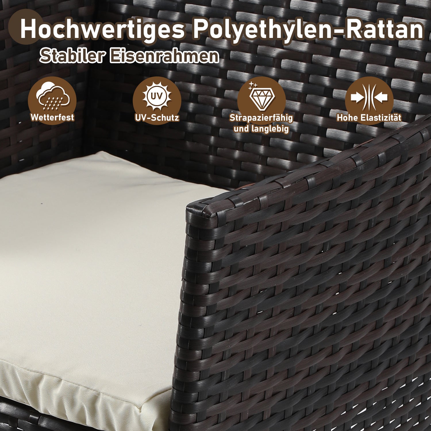 4-teiliges Gartenmöbel-Set aus Kunstrattan, Balkonmöbel-Set mit Glastisch, bestehend aus 2 Sesseln und 1 Zweisitzer-Bank, ausgestattet mit 5 cm dicken Sitzkissen, geeignet für Balkon, Terrasse und Garten (erhältlich in Schwarz und Braun)