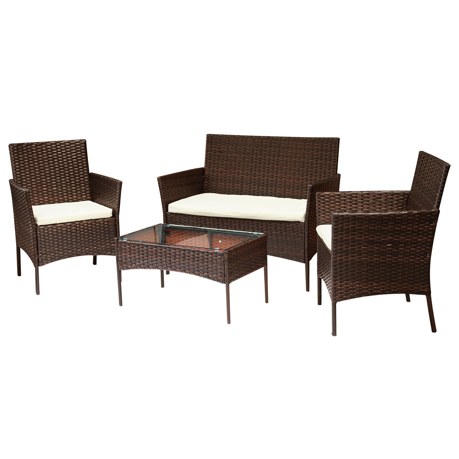 4-teiliges Gartenmöbel-Set aus Kunstrattan, Balkonmöbel-Set mit Glastisch, bestehend aus 2 Sesseln und 1 Zweisitzer-Bank, ausgestattet mit 5 cm dicken Sitzkissen, geeignet für Balkon, Terrasse und Garten (erhältlich in Schwarz und Braun)