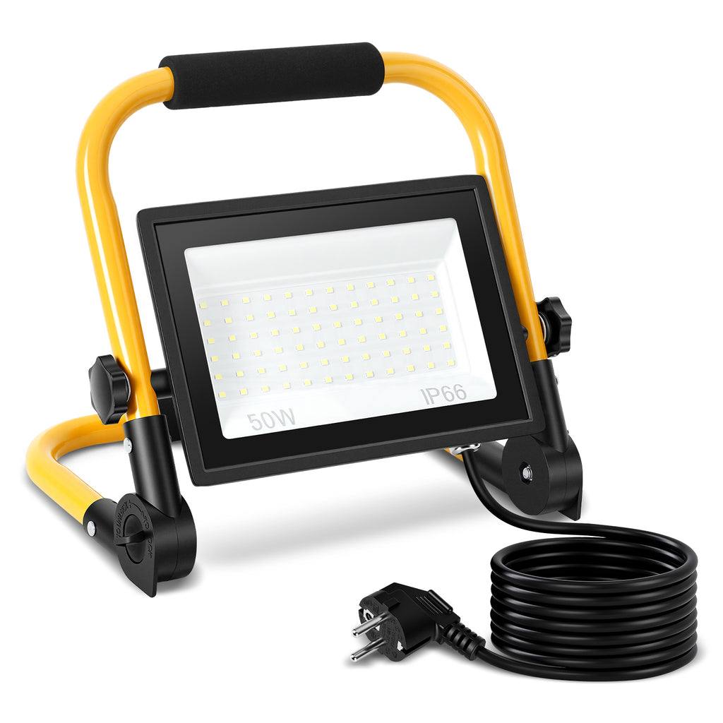 LED-Baustrahler, 50-W-, 100-W- und 200-W-Arbeitsleuchten, kaltweißes Licht, 3 Meter langes Kabel, Schutzart IP66, mit klappbarem Stativ, extrem helle, tragbare Arbeitsleuchten, geeignet für Werkstätten, Baustellen und Garagen