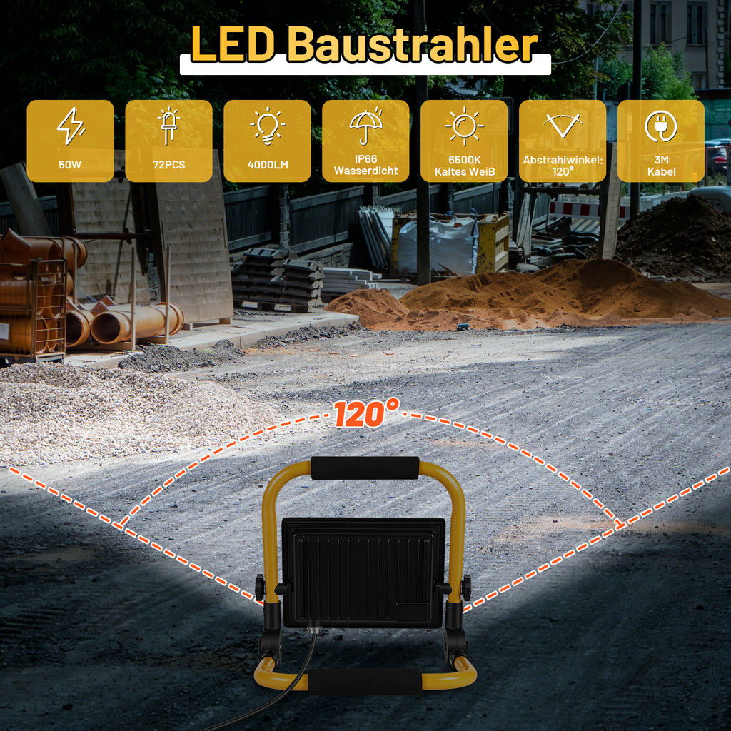 LED-Baustrahler, 50-W-, 100-W- und 200-W-Arbeitsleuchten, kaltweißes Licht, 3 Meter langes Kabel, Schutzart IP66, mit klappbarem Stativ, extrem helle, tragbare Arbeitsleuchten, geeignet für Werkstätten, Baustellen und Garagen