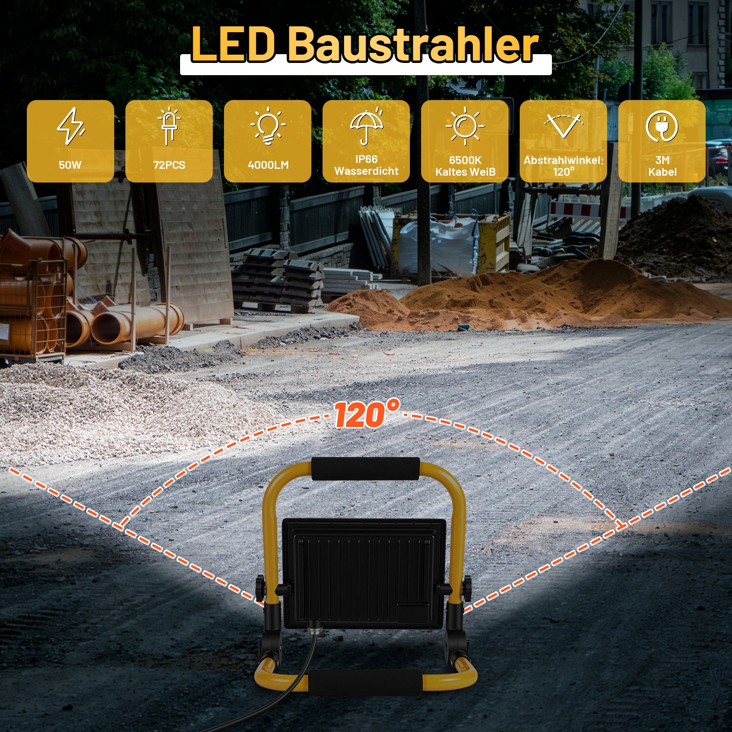 LED-Baustrahler, 50-W-, 100-W- und 200-W-Arbeitsleuchten, kaltweißes Licht, 3 Meter langes Kabel, Schutzart IP66, mit klappbarem Stativ, extrem helle, tragbare Arbeitsleuchten, geeignet für Werkstätten, Baustellen und Garagen