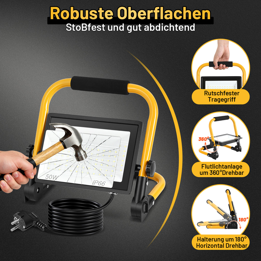 LED-Baustrahler, 50-W-, 100-W- und 200-W-Arbeitsleuchten, kaltweißes Licht, 3 Meter langes Kabel, Schutzart IP66, mit klappbarem Stativ, extrem helle, tragbare Arbeitsleuchten, geeignet für Werkstätten, Baustellen und Garagen