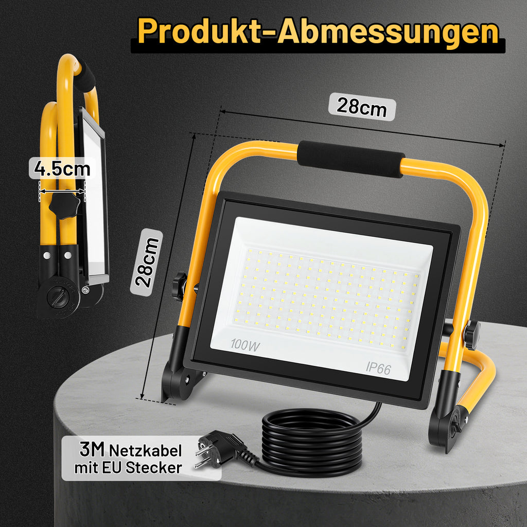 LED-Baustrahler, 50-W-, 100-W- und 200-W-Arbeitsleuchten, kaltweißes Licht, 3 Meter langes Kabel, Schutzart IP66, mit klappbarem Stativ, extrem helle, tragbare Arbeitsleuchten, geeignet für Werkstätten, Baustellen und Garagen