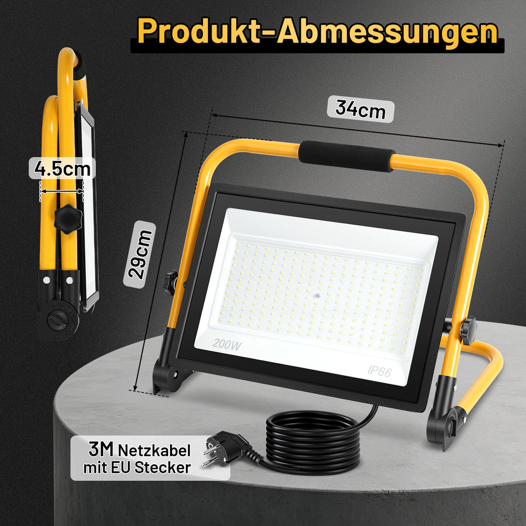 LED-Baustrahler, 50-W-, 100-W- und 200-W-Arbeitsleuchten, kaltweißes Licht, 3 Meter langes Kabel, Schutzart IP66, mit klappbarem Stativ, extrem helle, tragbare Arbeitsleuchten, geeignet für Werkstätten, Baustellen und Garagen