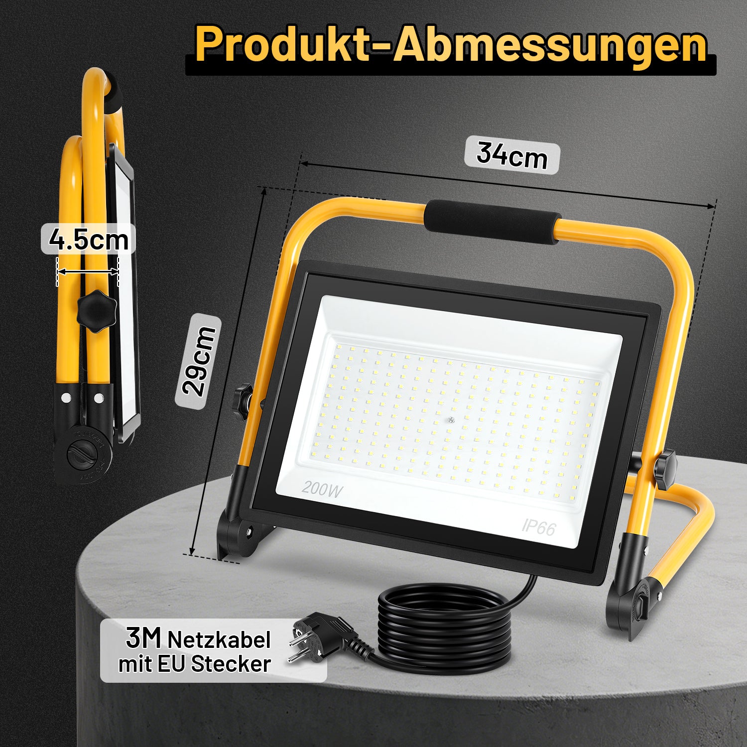 LED-Baustrahler, 50-W-, 100-W- und 200-W-Arbeitsleuchten, kaltweißes Licht, 3 Meter langes Kabel, Schutzart IP66, mit klappbarem Stativ, extrem helle, tragbare Arbeitsleuchten, geeignet für Werkstätten, Baustellen und Garagen