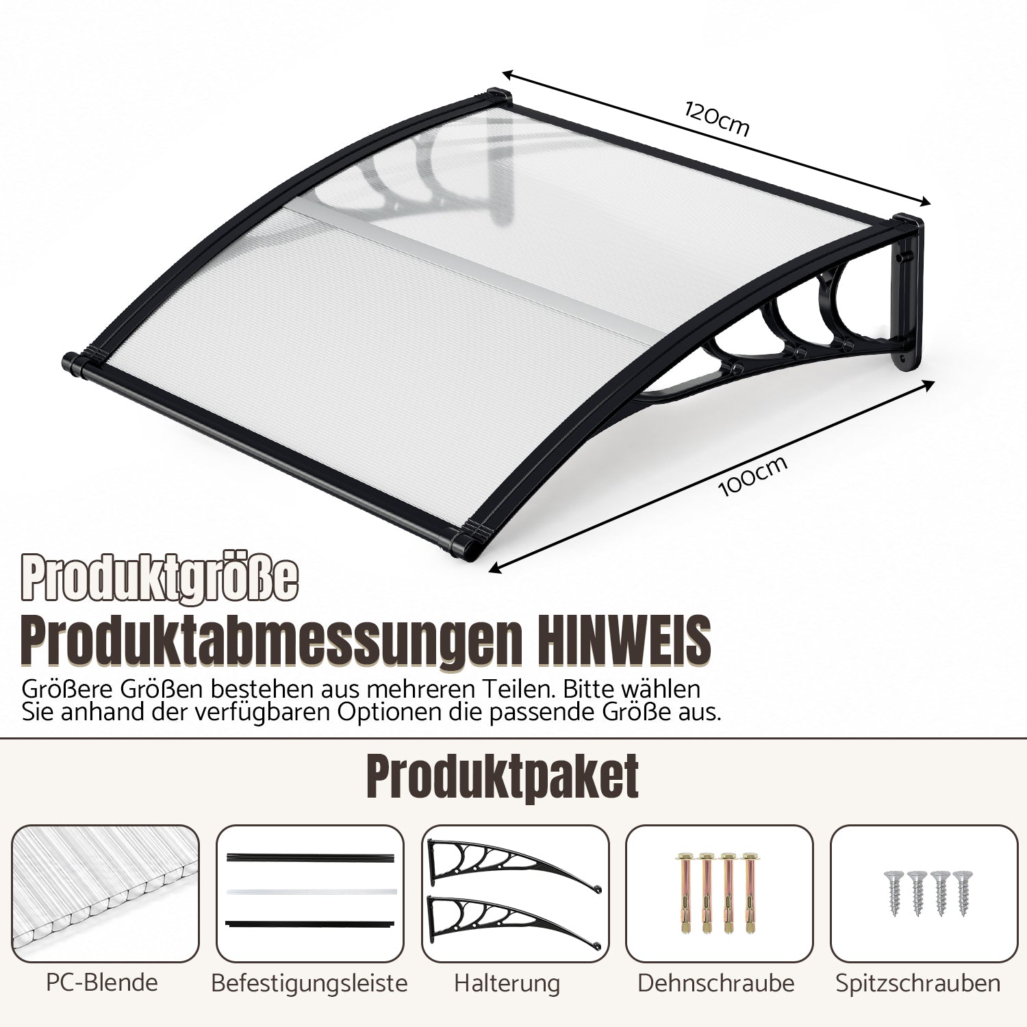 Vordach für Außentüren, mit vergrößerter Regenrinne, einseitig geneigtes, gewölbtes Vordach, schützt vor Sonne und Regen, vier Größen: 120 cm / 150 cm / 200 cm / 300 cm