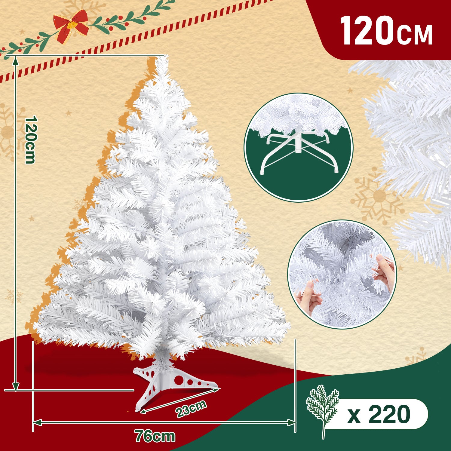 120–210 cm großer künstlicher Weihnachtsbaum aus Kunststoff, künstlicher Weihnachtsbaum, mit 16 cm langen Zweigen, schnell aufzubauen, zusammenklappbar, flammhemmend, inklusive Ständer aus Kunststoff/Metall, weiß/grün