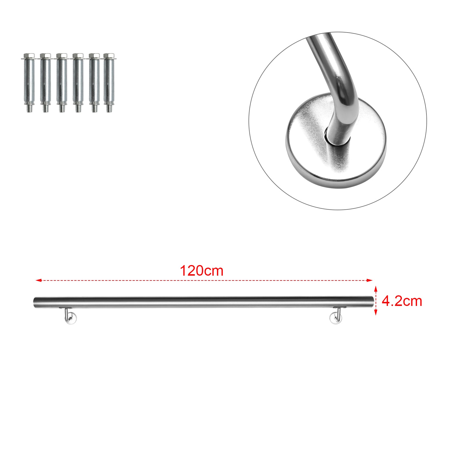 Geländer Treppengeländer, Edelstahl Handlauf, Wandhandlauf Innen & Außen, inkl. Wandhalterung und Endkappen, Rund Ø42mm, Treppe Wandhalter Haltegriff Stange
