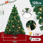 Künstlicher Weihnachtsbaum, 120–210 cm, mit Metallfuß und Lichterkette, 8 verschiedene Beleuchtungsmodi, hochwertiger künstlicher Weihnachtsbaum, für den Innen- und Außenbereich geeignet