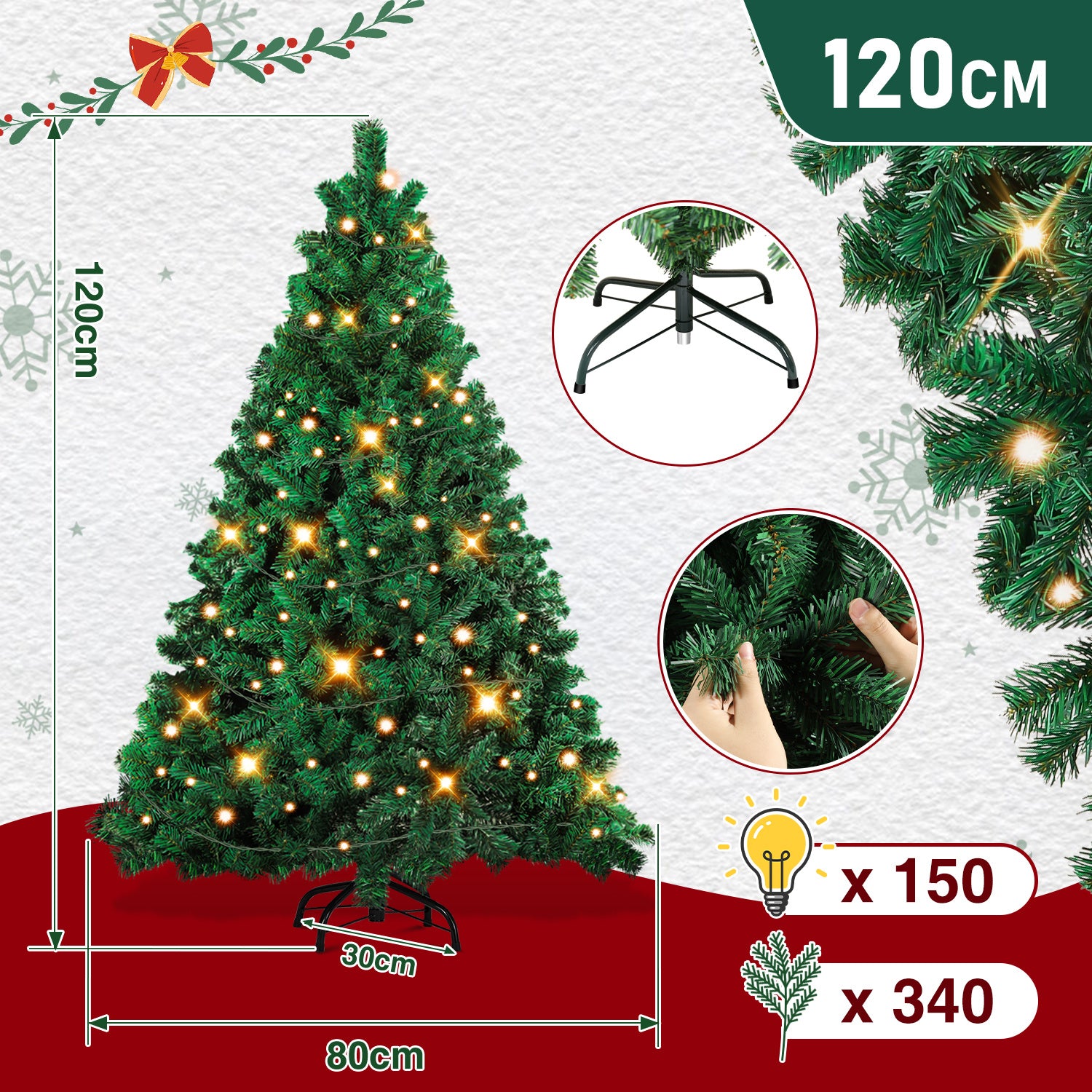 Künstlicher Weihnachtsbaum, 120–210 cm, mit Metallfuß und Lichterkette, 8 verschiedene Beleuchtungsmodi, hochwertiger künstlicher Weihnachtsbaum, für den Innen- und Außenbereich geeignet