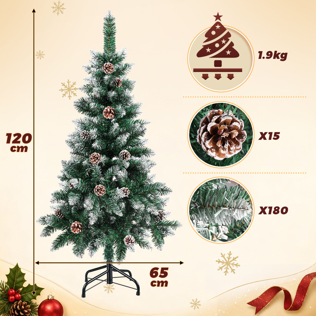 Weihnachtsbaum mit Tannenzapfen, 120/150/180/210 cm; 15 cm lange PVC-Zweige; künstliche Tanne mit Schneelandschaft; inklusive Ständer, einfach aufzubauen, zerlegbar und platzsparend verstaubar
