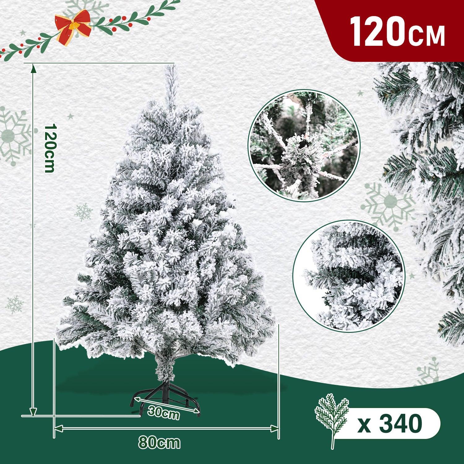 Künstlicher Weihnachtsbaum mit Schneeeffekt, 120/150/180 cm – aus PVC, mit 340/550/860 Zweigen, inklusive Metallfuß und Schnellmontagesystem, geeignet für festliche Weihnachtsdekoration