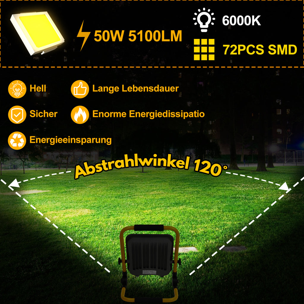 LED-Baustrahler, 50 W/100 W/150 W/200 W Arbeitsleuchten, tragbare LED-Arbeitsleuchten, Baustrahler mit kaltweißem Licht, Schutzklasse IP66, mit 3 Meter langem Kabel und klappbarem Stativ, geeignet für Baustellen (mit Stecker)