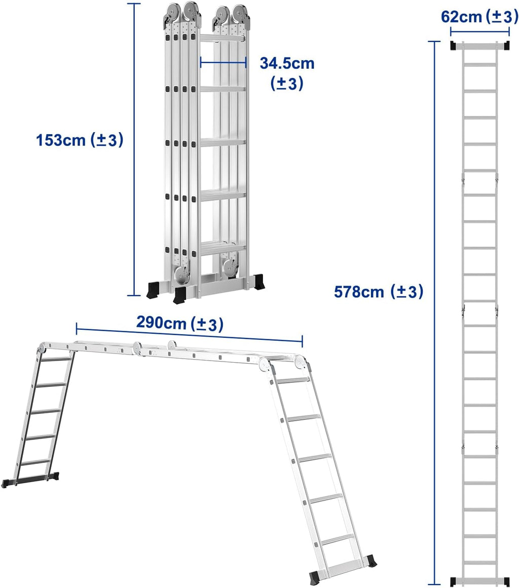 7-in-1-Multifunktionsleiter aus Aluminium, Tragkraft bis zu 150 kg, multifunktional, zusammenklappbar, einsetzbar als Anlehntreppe, Stehleiter und Treppenleiter, geeignet für Haushalt, Garten und Werkstatt, wahlweise mit 4x3, 4x4 oder 4x5 Sprossen.