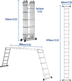 7-in-1-Multifunktionsleiter aus Aluminium, Tragkraft bis zu 150 kg, multifunktional, zusammenklappbar, einsetzbar als Anlehntreppe, Stehleiter und Treppenleiter, geeignet für Haushalt, Garten und Werkstatt, wahlweise mit 4x3, 4x4 oder 4x5 Sprossen.