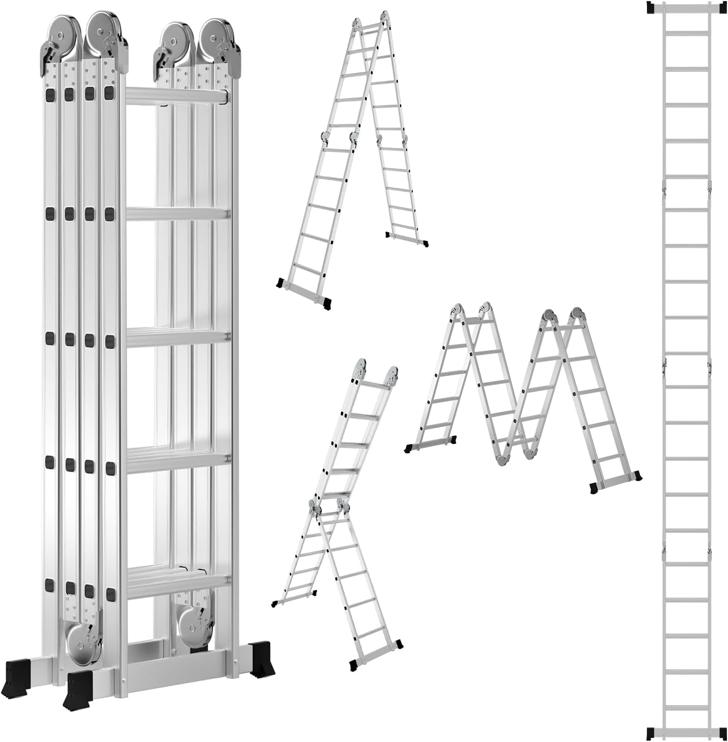 7-in-1-Multifunktionsleiter aus Aluminium, Tragkraft bis zu 150 kg, multifunktional, zusammenklappbar, einsetzbar als Anlehntreppe, Stehleiter und Treppenleiter, geeignet für Haushalt, Garten und Werkstatt, wahlweise mit 4x3, 4x4 oder 4x5 Sprossen.