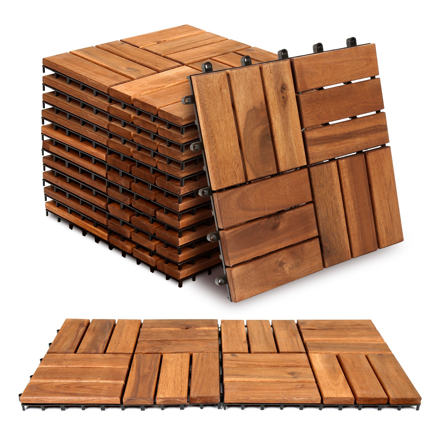 30 x 30 cm große Holzfliesen, geeignet für die Verlegung in Gärten und auf Balkonen, aus Acacia-Holz gefertigt, ideal für Gärten, Innenhöfe und Balkone