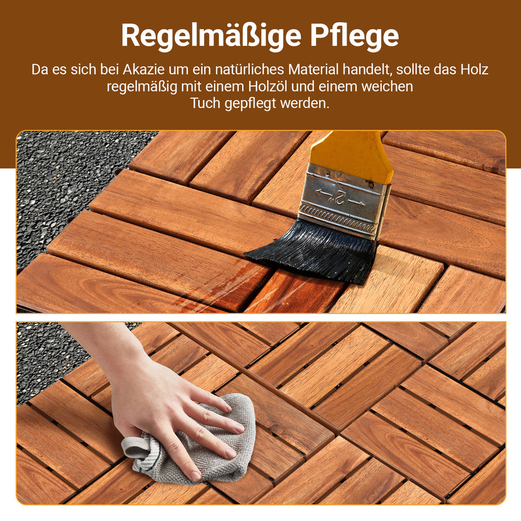30 x 30 cm große Holzfliesen, geeignet für die Verlegung in Gärten und auf Balkonen, aus Acacia-Holz gefertigt, ideal für Gärten, Innenhöfe und Balkone