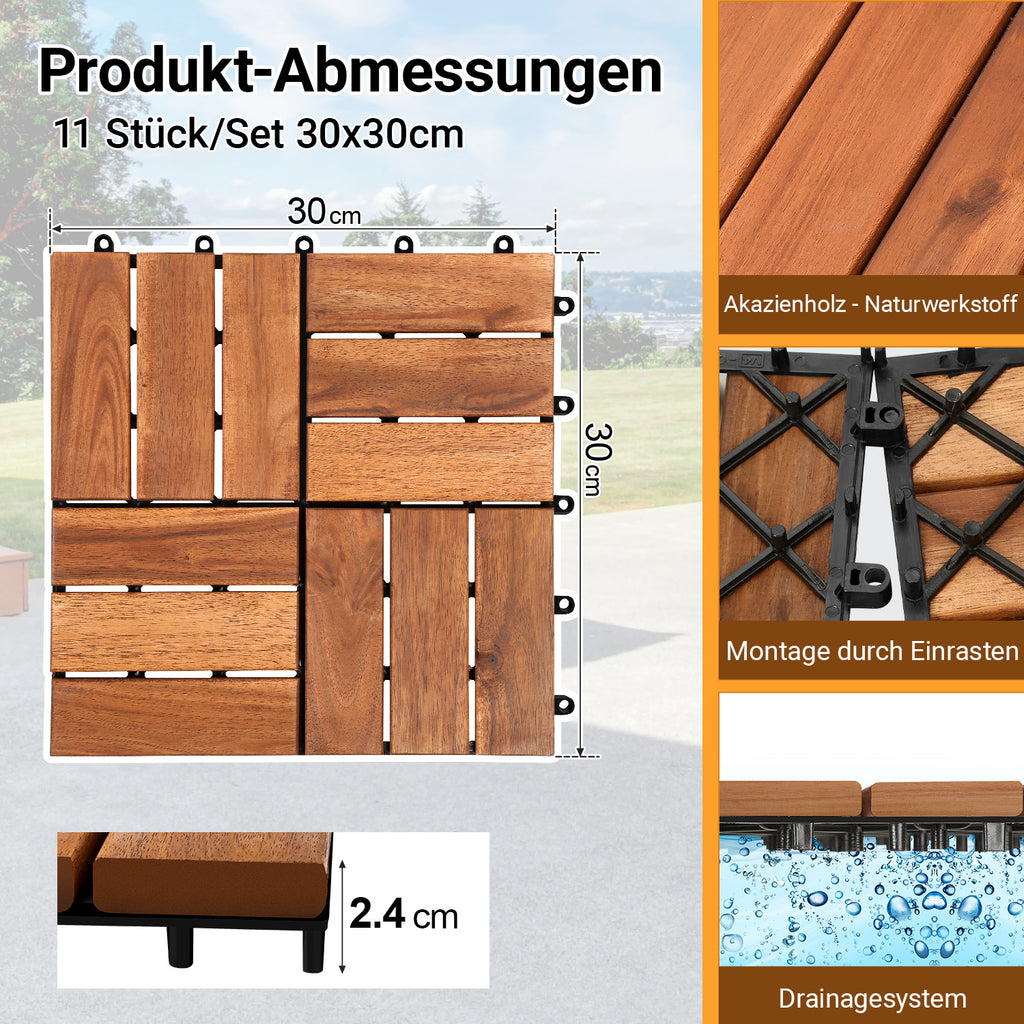 30 x 30 cm große Holzfliesen, geeignet für die Verlegung in Gärten und auf Balkonen, aus Acacia-Holz gefertigt, ideal für Gärten, Innenhöfe und Balkone