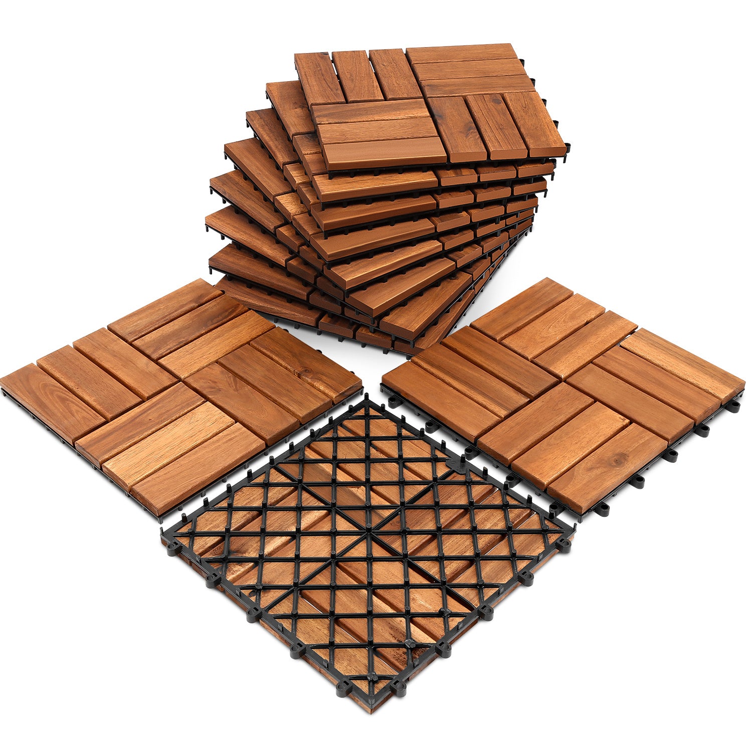 30 x 30 cm große Holzfliesen, geeignet für die Verlegung in Gärten und auf Balkonen, aus Acacia-Holz gefertigt, ideal für Gärten, Innenhöfe und Balkone