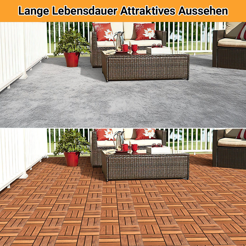 30 x 30 cm große Holzfliesen, geeignet für die Verlegung in Gärten und auf Balkonen, aus Acacia-Holz gefertigt, ideal für Gärten, Innenhöfe und Balkone
