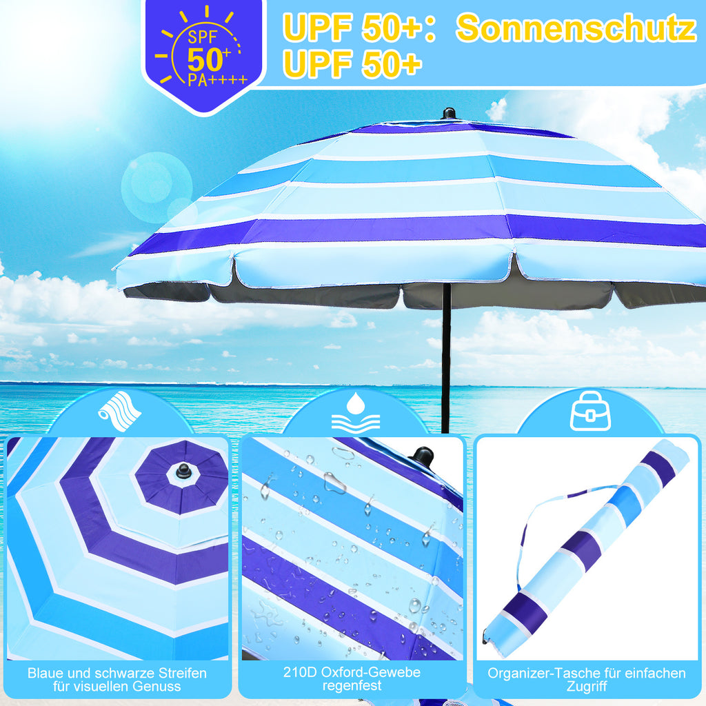 Strandschirm, Durchmesser 213 cm, Sonnenschutzfaktor UV50+, mit Tisch, Haken und Tragetasche, Neigungswinkel und Höhe verstellbar, windfest, langlebig, lichtbeständig, blaue Streifen