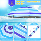 Strandschirm, Durchmesser 213 cm, Sonnenschutzfaktor UV50+, mit Tisch, Haken und Tragetasche, Neigungswinkel und Höhe verstellbar, windfest, langlebig, lichtbeständig, blaue Streifen