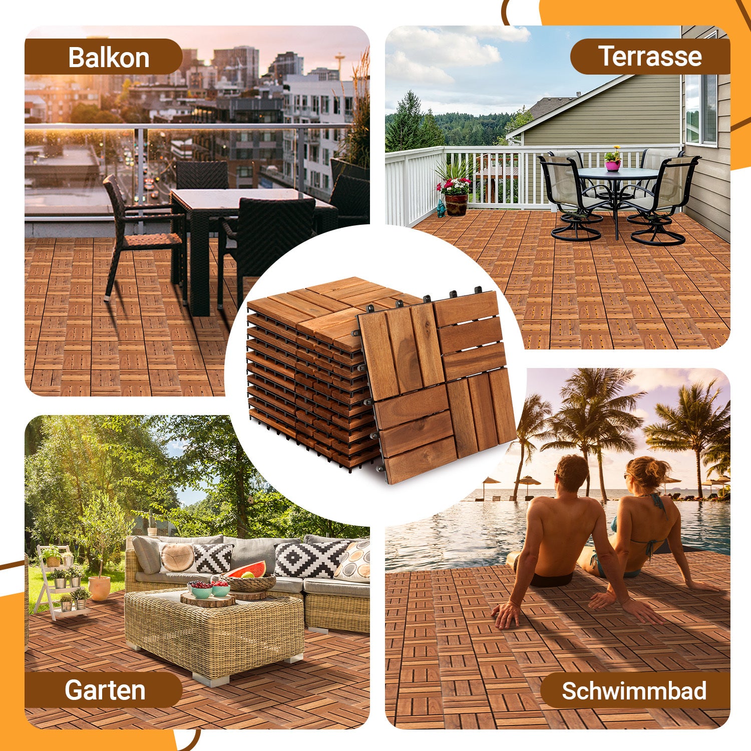 30 x 30 cm große Holzfliesen, geeignet für die Verlegung in Gärten und auf Balkonen, aus Acacia-Holz gefertigt, ideal für Gärten, Innenhöfe und Balkone
