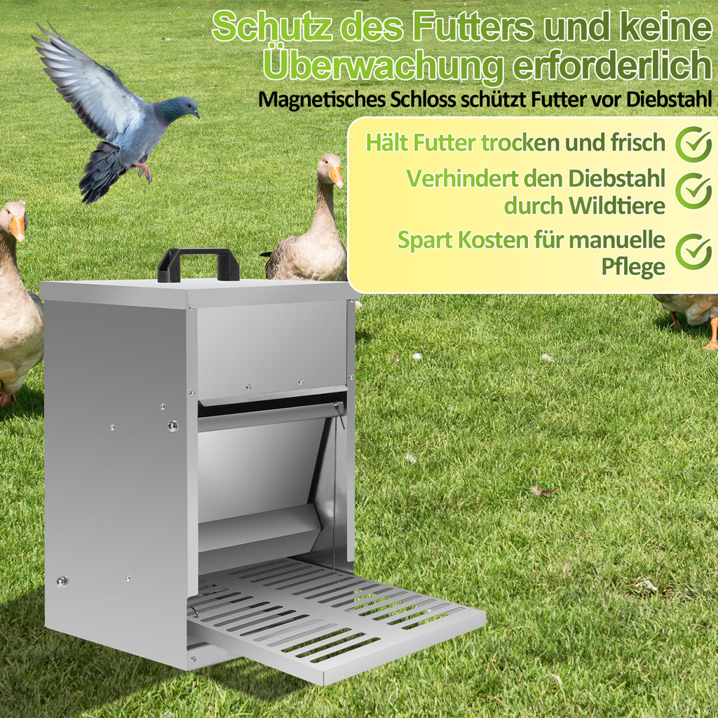 5-kg-Futterautomat für Hühner – Automatischer Futterautomat mit Fußschalter und Mäuseschutz, wasserdichter, verzinkter Futterbehälter für Hühner, Enten und Geflügel – Futtertrog mit Deckel, rostfrei und wetterfest