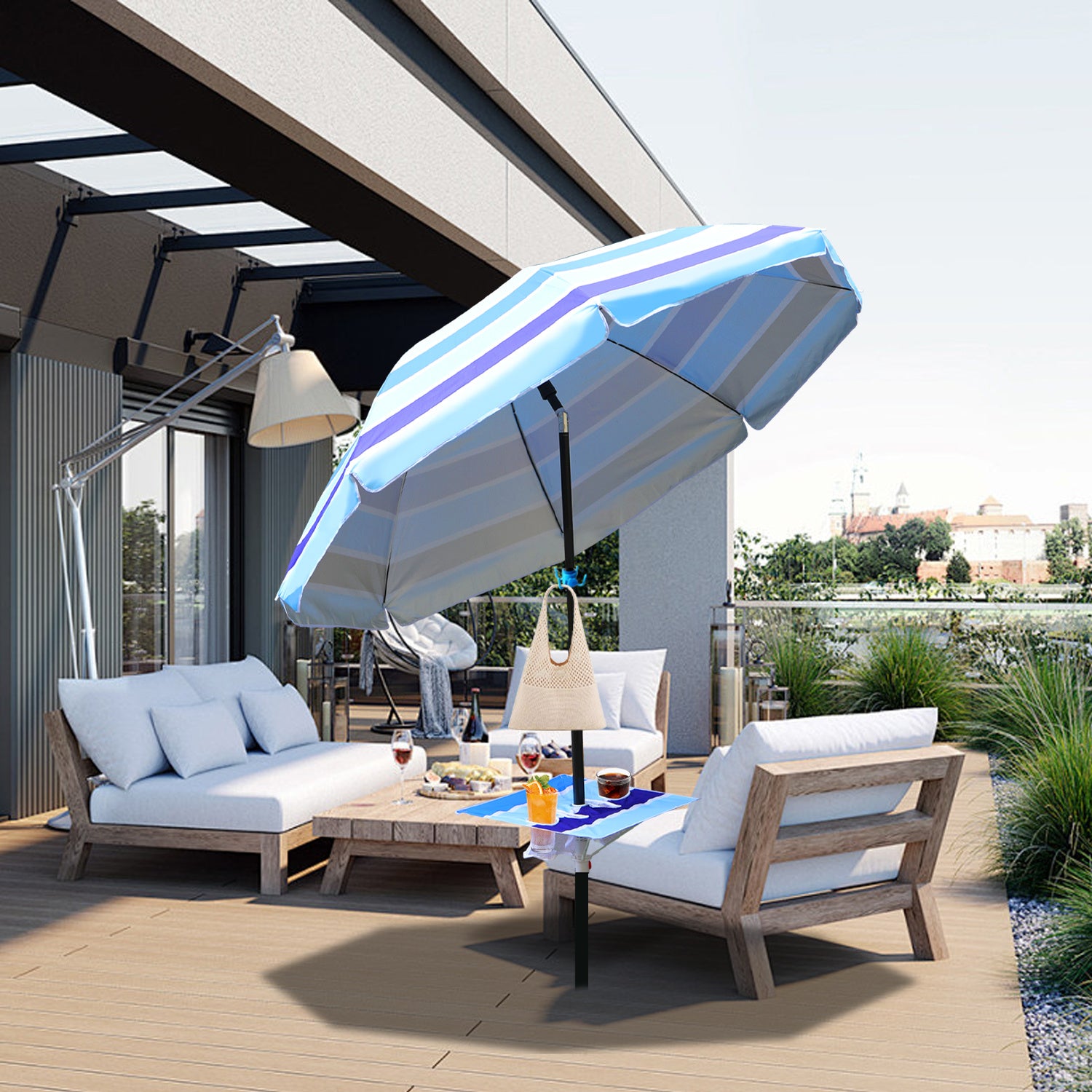 Strandschirm, Durchmesser 213 cm, Sonnenschutzfaktor UV50+, mit Tisch, Haken und Tragetasche, Neigungswinkel und Höhe verstellbar, windfest, langlebig, lichtbeständig, blaue Streifen