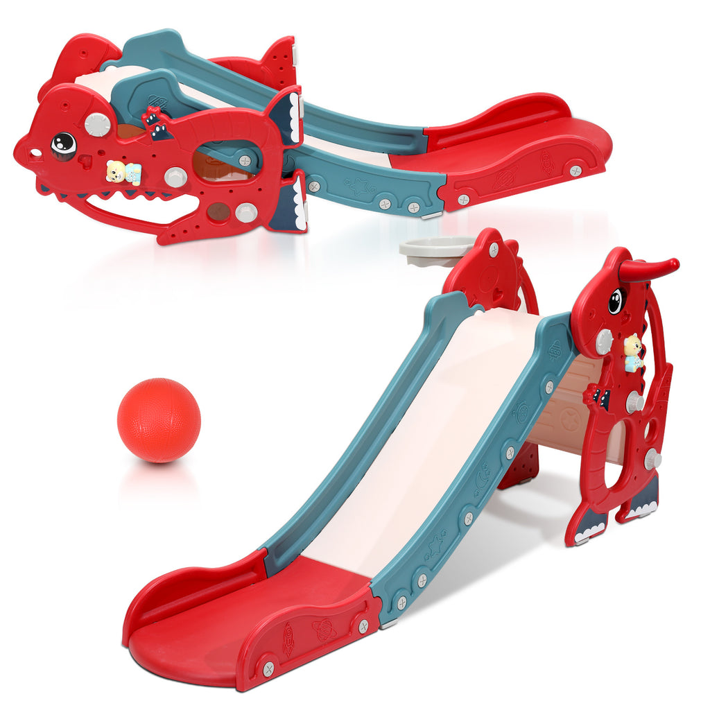 Kinderrutsche, zusammenklappbare Kinderrutsche, stabile Gartenrutsche mit Basketballkorb und Handläufen, lustige Kinderrutsche, für drinnen und draußen geeignete Kleinkindrutsche, rot