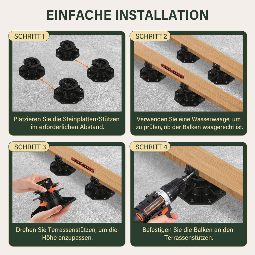 40–70 mm Hohe Stützen für Terrassenfliesen, höhenverstellbar – Plattenförmige Stützunterlagen – geeignet für Holz-, WPC- und Steinuntergründe von Terrassenfliesen