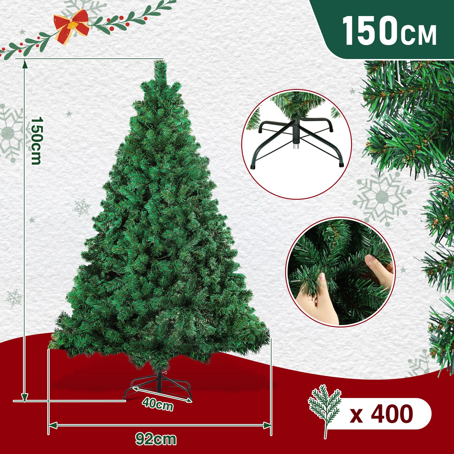 120–210 cm großer künstlicher Weihnachtsbaum aus Kunststoff, künstlicher Weihnachtsbaum, mit 16 cm langen Zweigen, schnell aufzubauen, zusammenklappbar, flammhemmend, inklusive Ständer aus Kunststoff/Metall, weiß/grün
